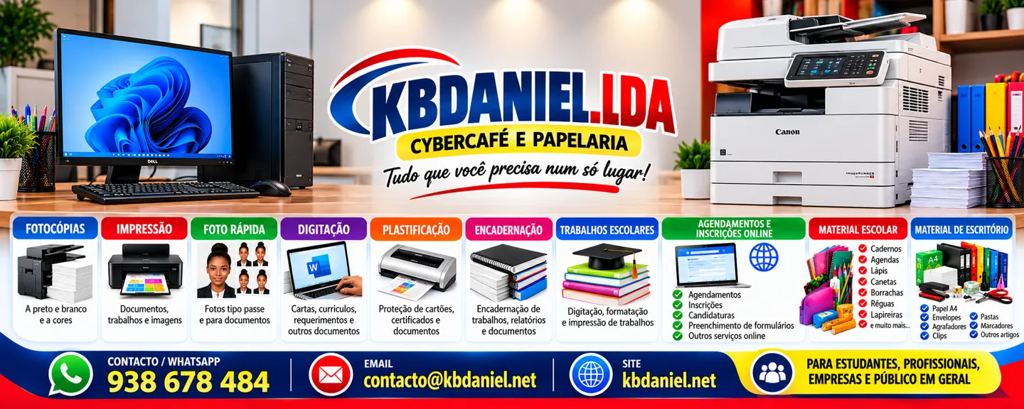 Serviços de cybercafé, fotocópias, impressão e artigos de papelaria